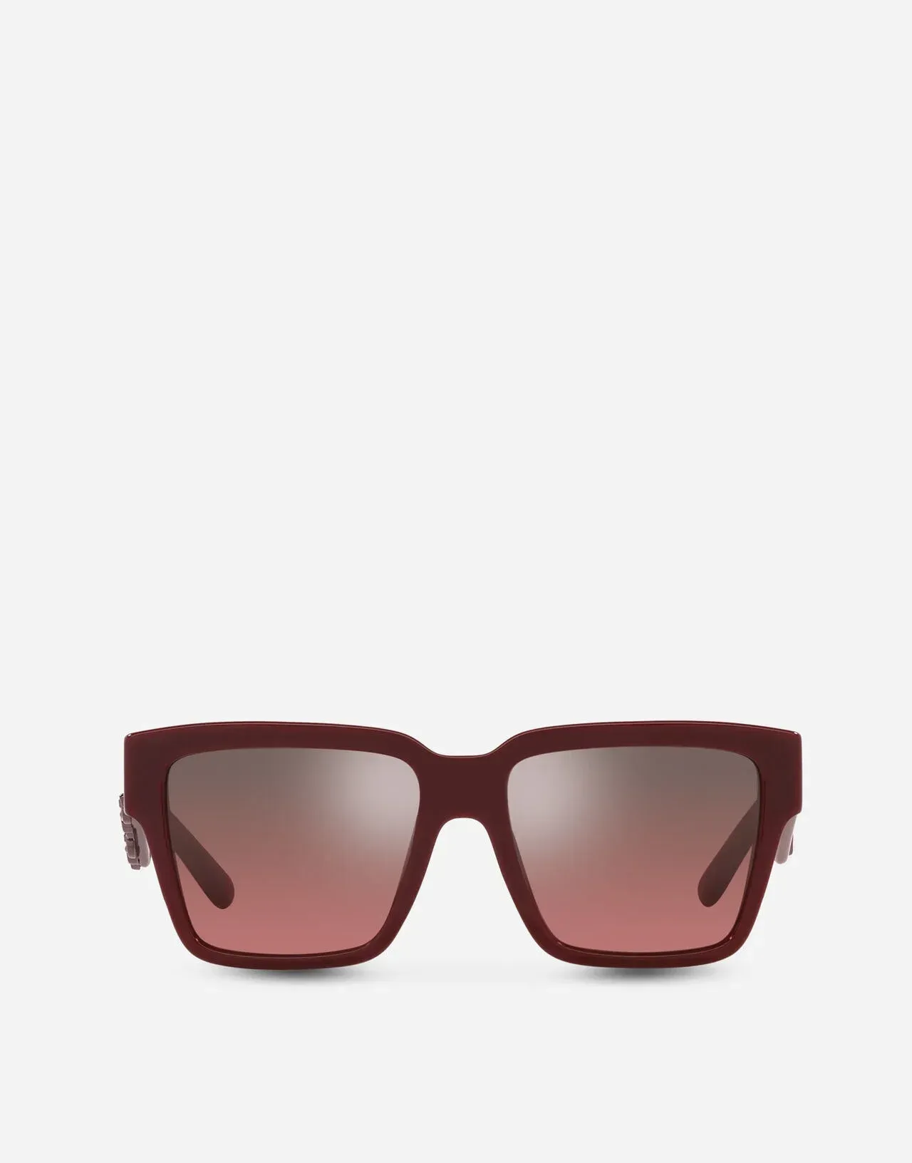A pair of sunglasses with a red frame and red lenses on a white background.
