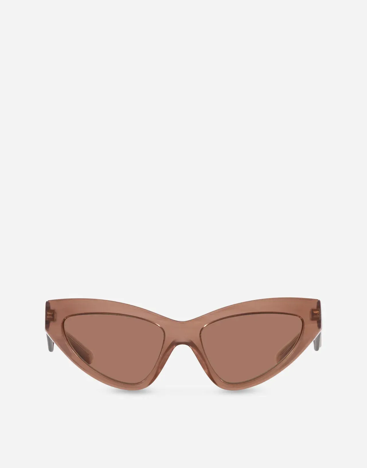 A pair of brown cat eye sunglasses on a white background.