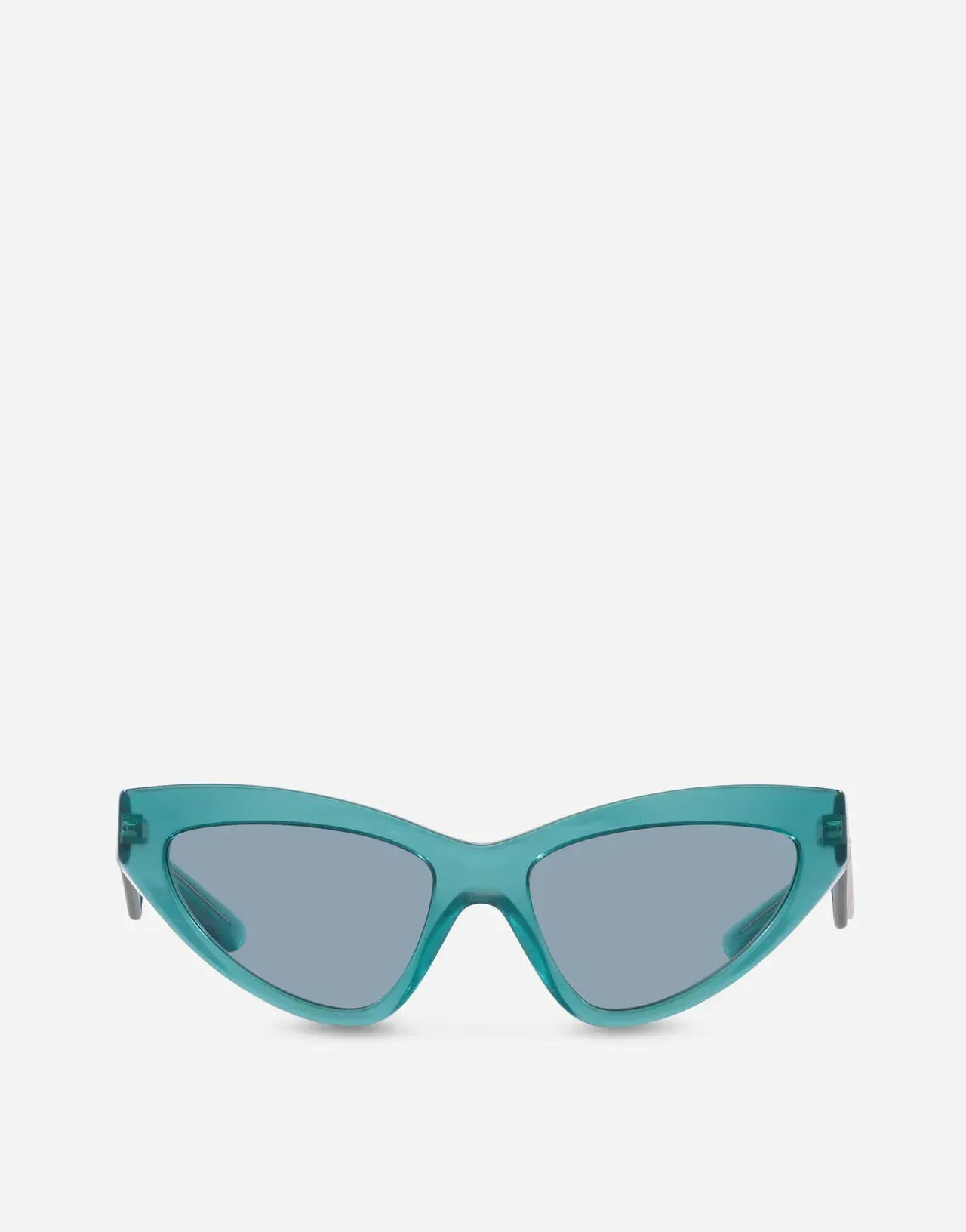 A pair of blue cat eye sunglasses on a white background.