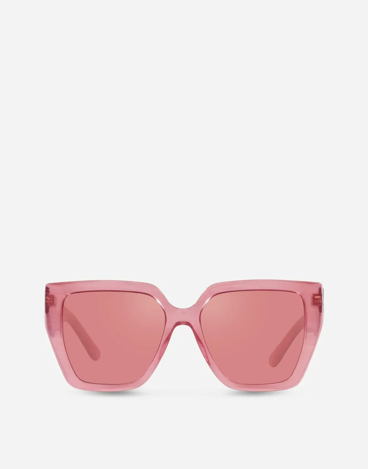 A pair of pink square sunglasses on a white background.