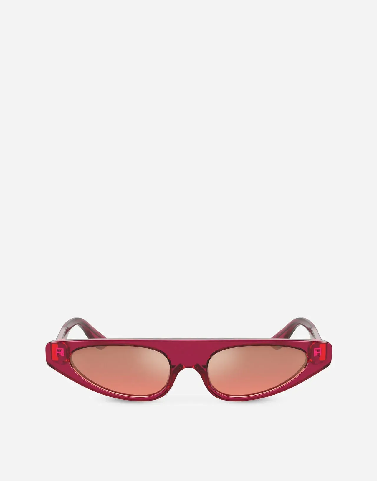 A pair of red sunglasses on a white background.