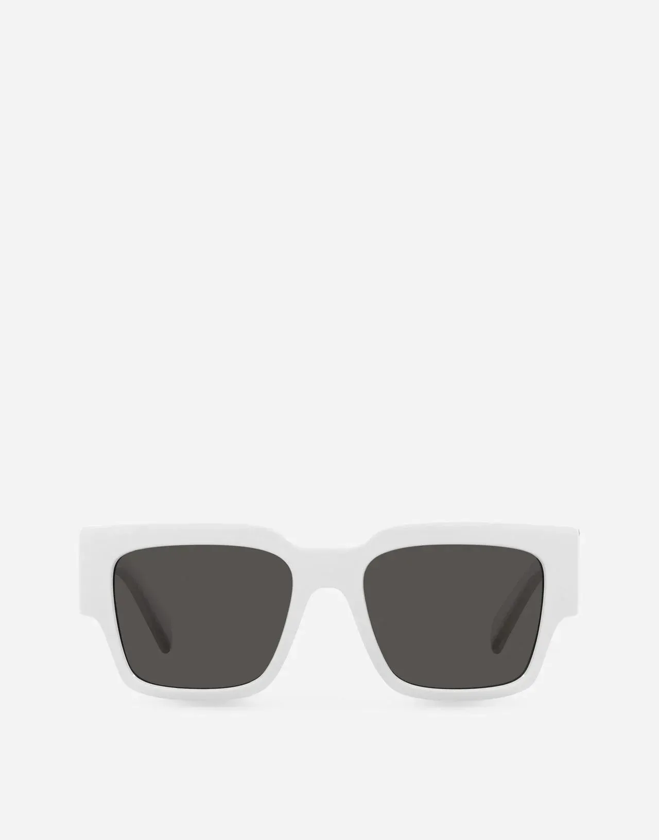 A pair of white sunglasses with black lenses on a white background.