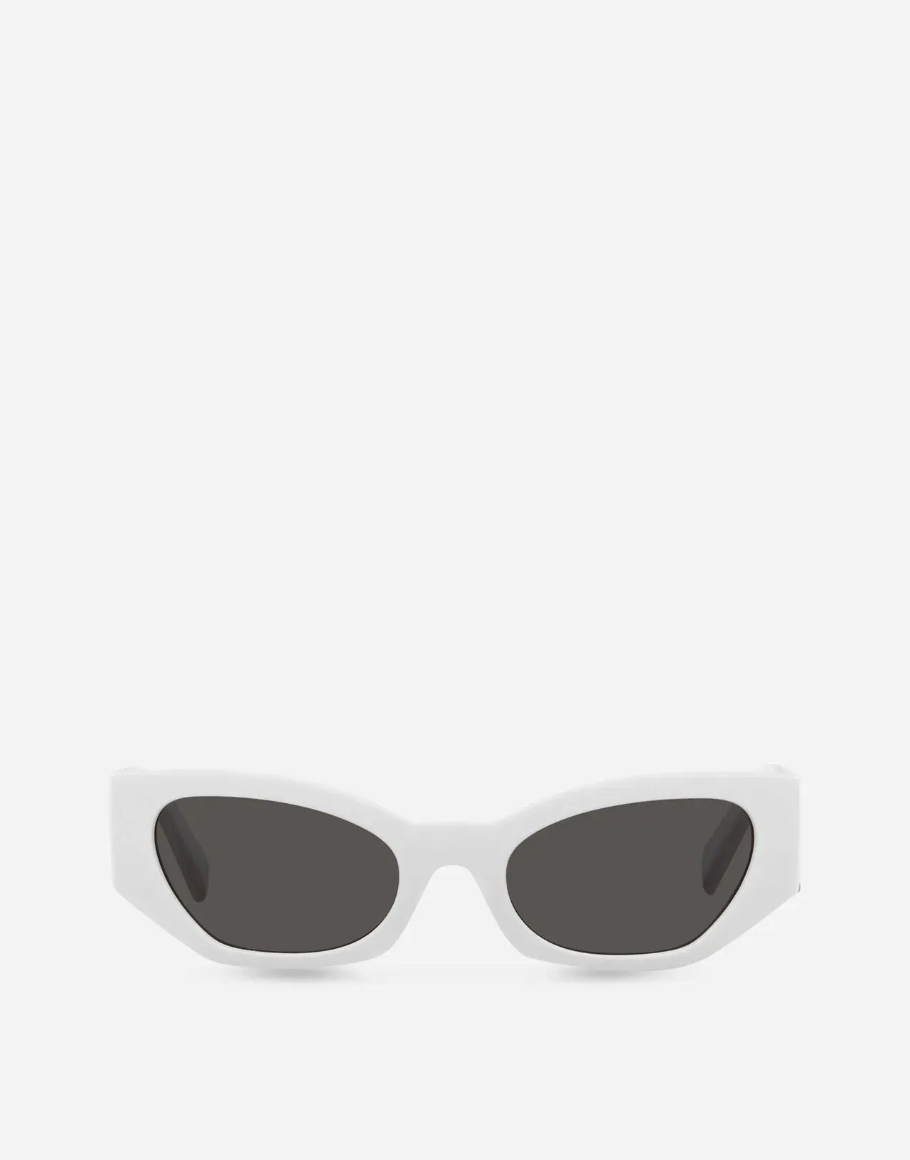 A pair of white sunglasses with black lenses on a white background.