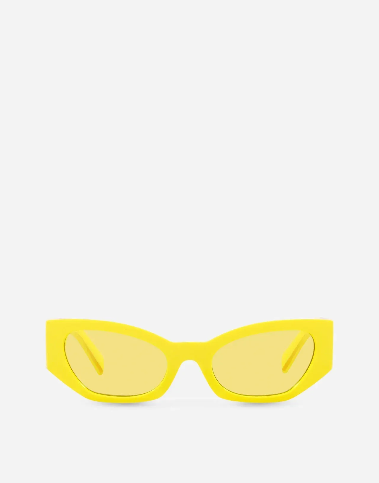 A pair of yellow sunglasses with yellow lenses on a white background.