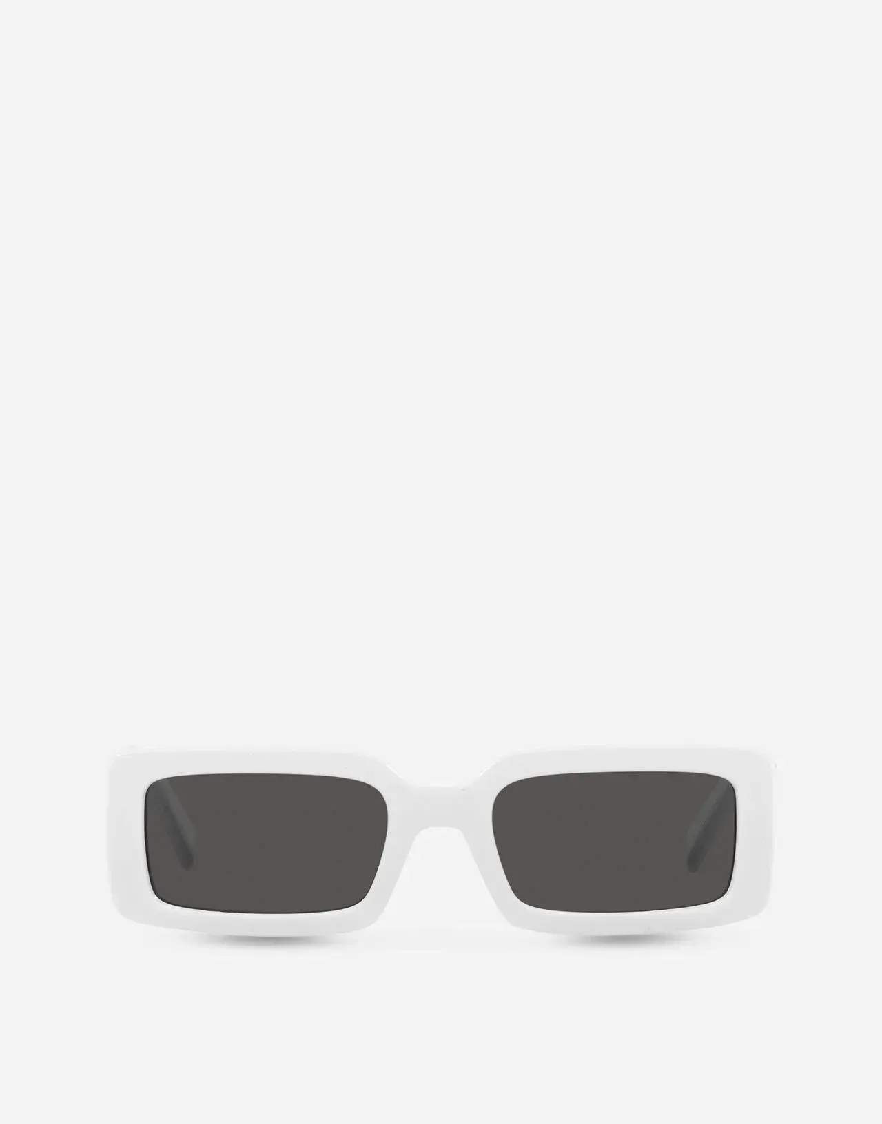 A pair of white rectangular sunglasses with black lenses on a white background.