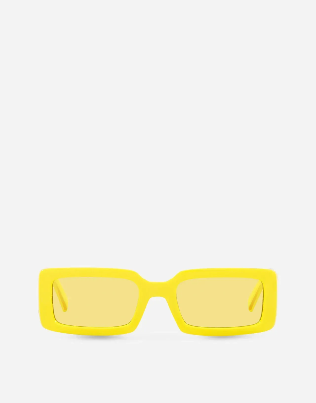 A pair of yellow sunglasses with yellow lenses on a white background.