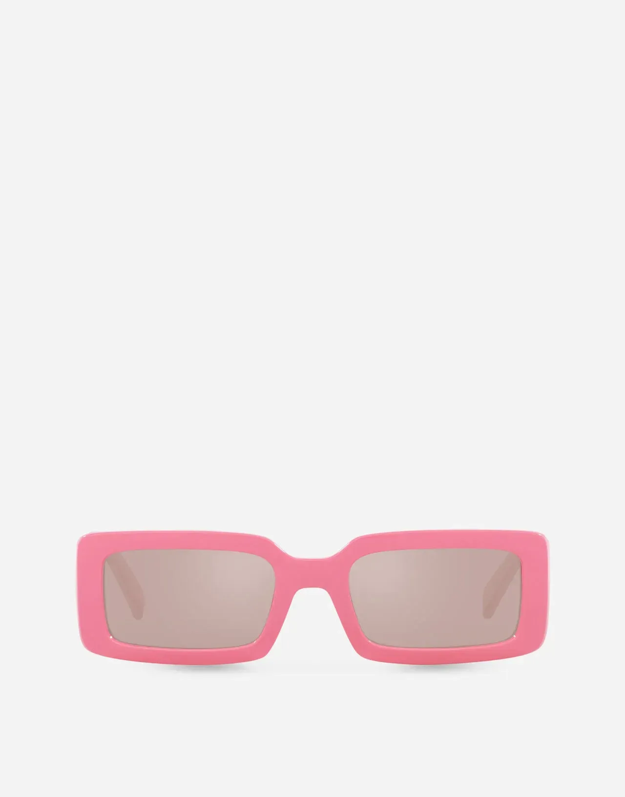 A pair of pink rectangular sunglasses on a white background.