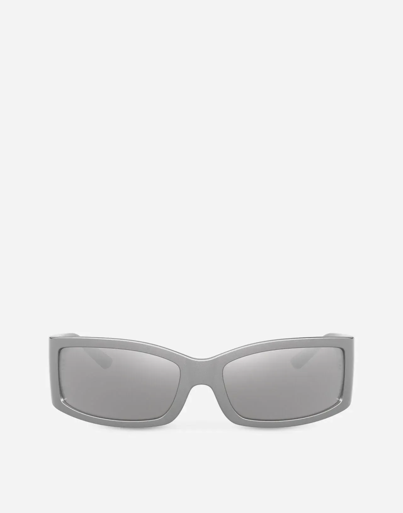 A pair of sunglasses with a gray frame and silver lenses on a white background.