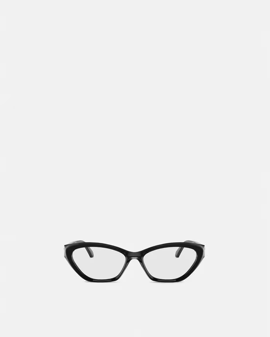A pair of black cat eye glasses on a white background.