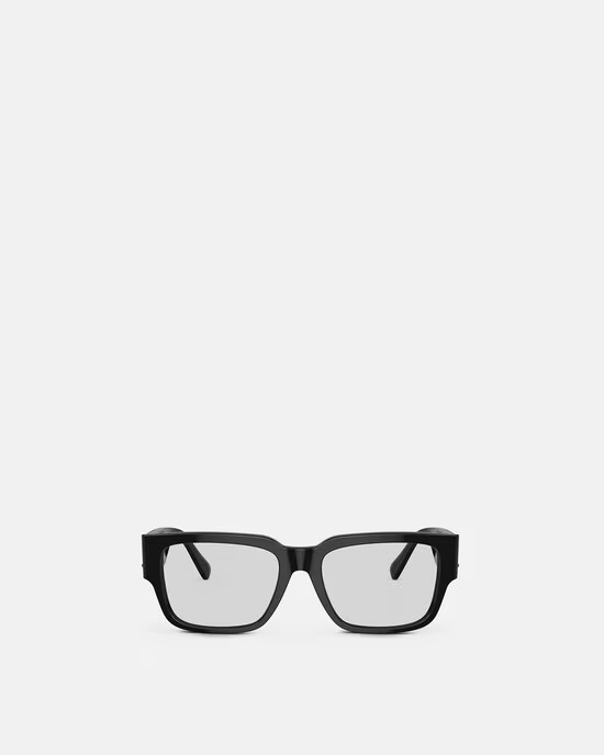 A pair of black glasses with clear lenses on a white background.
