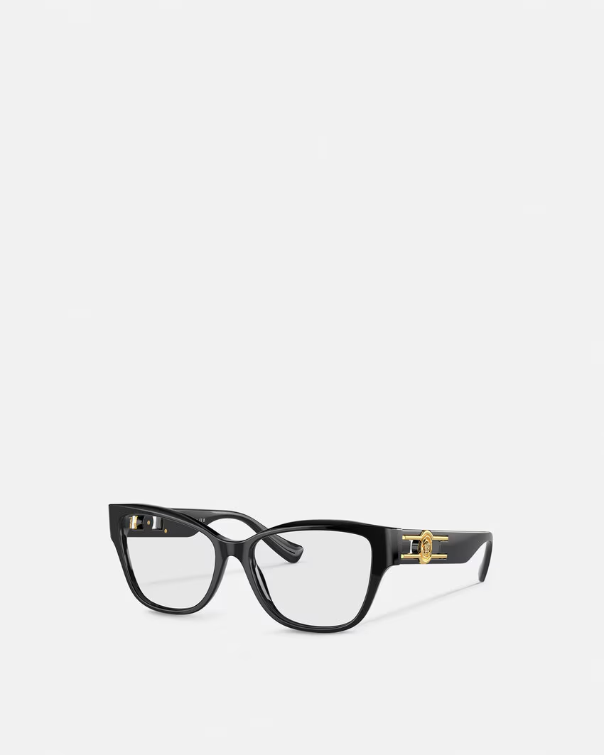 A pair of black glasses on a white background.