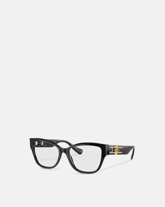 A pair of black glasses with a gold buckle on a white background.