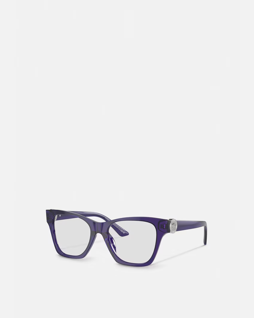 A pair of purple glasses on a white background.