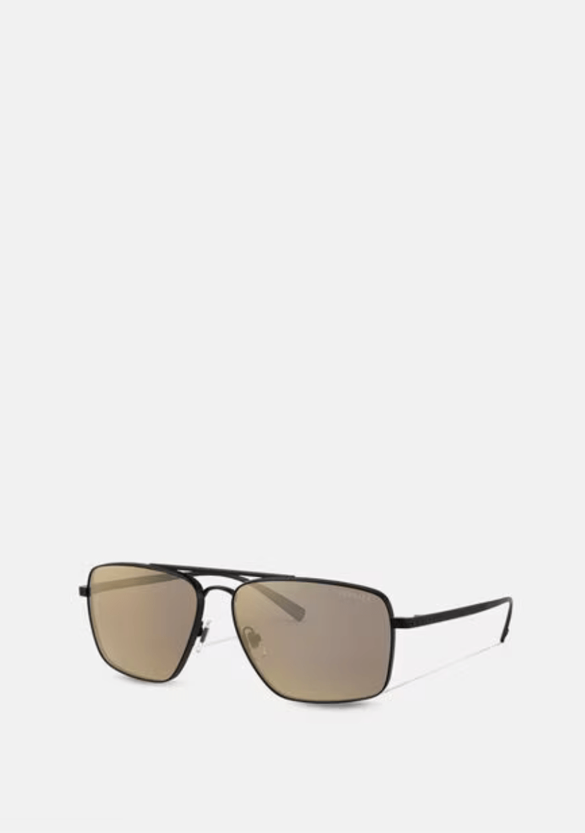 A pair of sunglasses with a black frame and brown lenses on a white background.