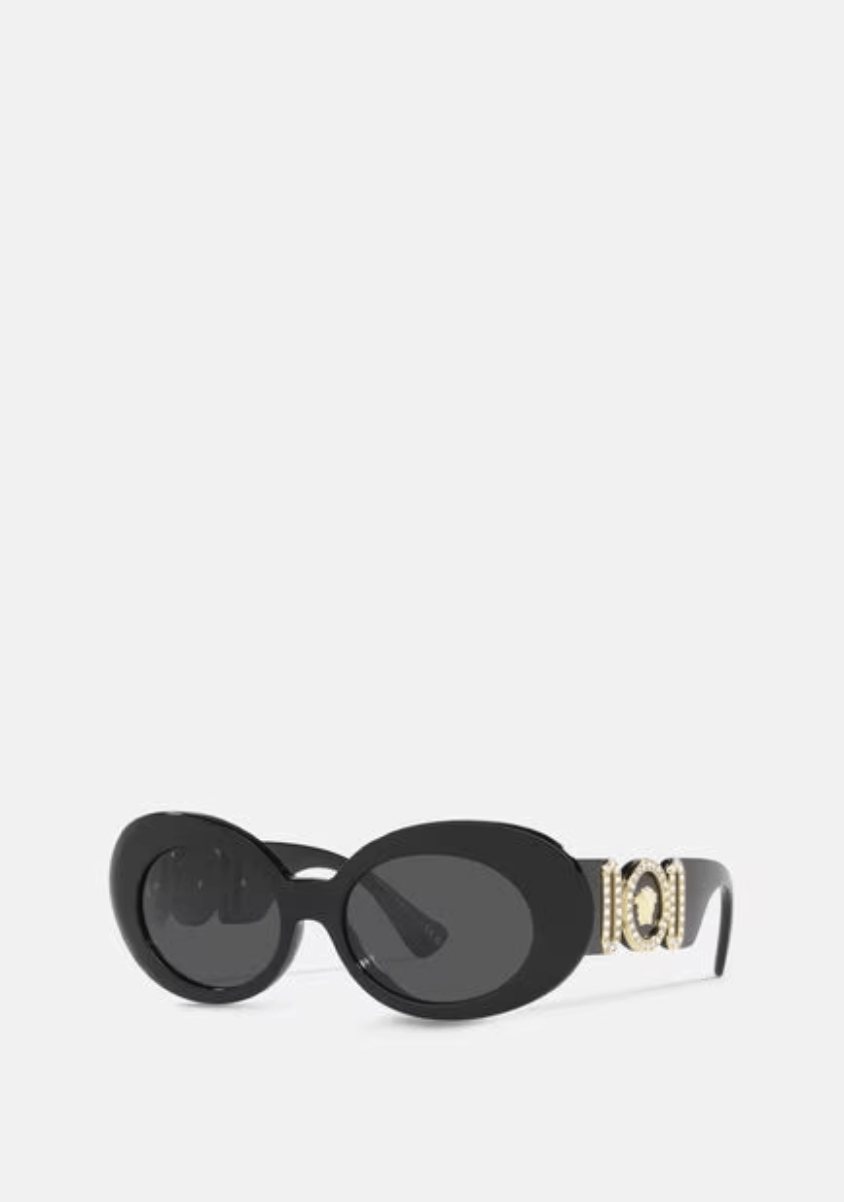 A pair of black sunglasses on a white background.