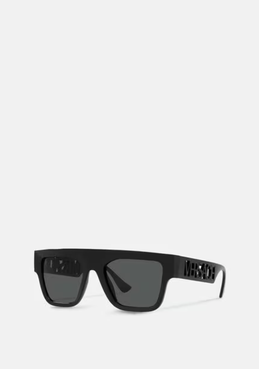 A pair of black sunglasses on a white background.
