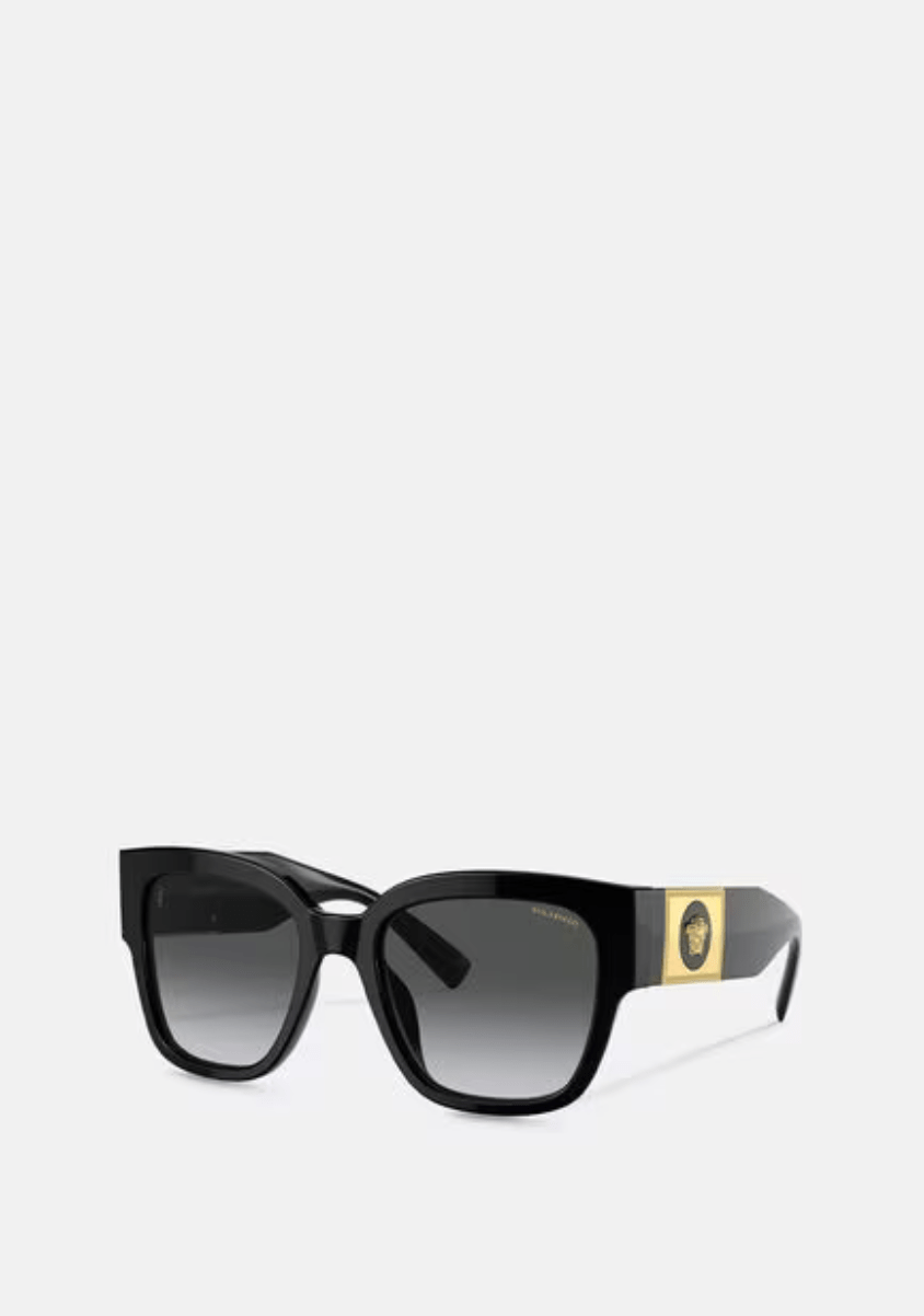 A pair of black versace sunglasses on a white background.