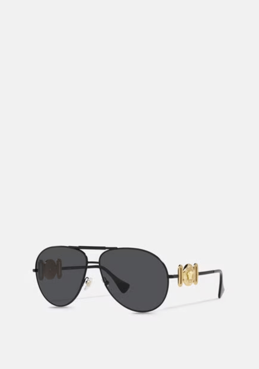 A pair of black aviator sunglasses on a white background.