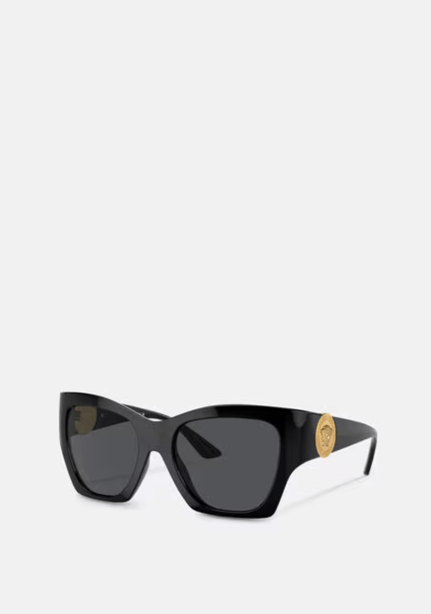 A pair of black versace sunglasses on a white background.
