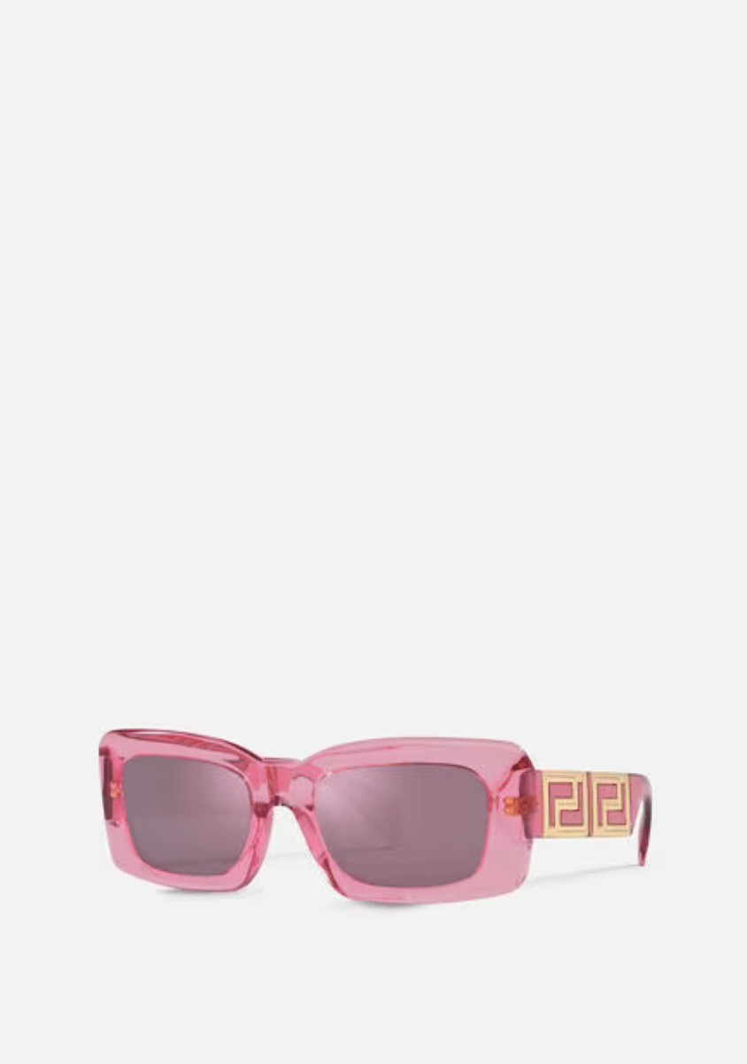 A pair of pink versace sunglasses on a white background.