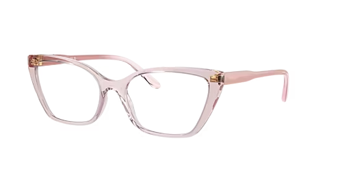 A pair of pink glasses on a white background.