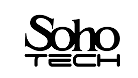 A black and white logo for soho tech on a white background