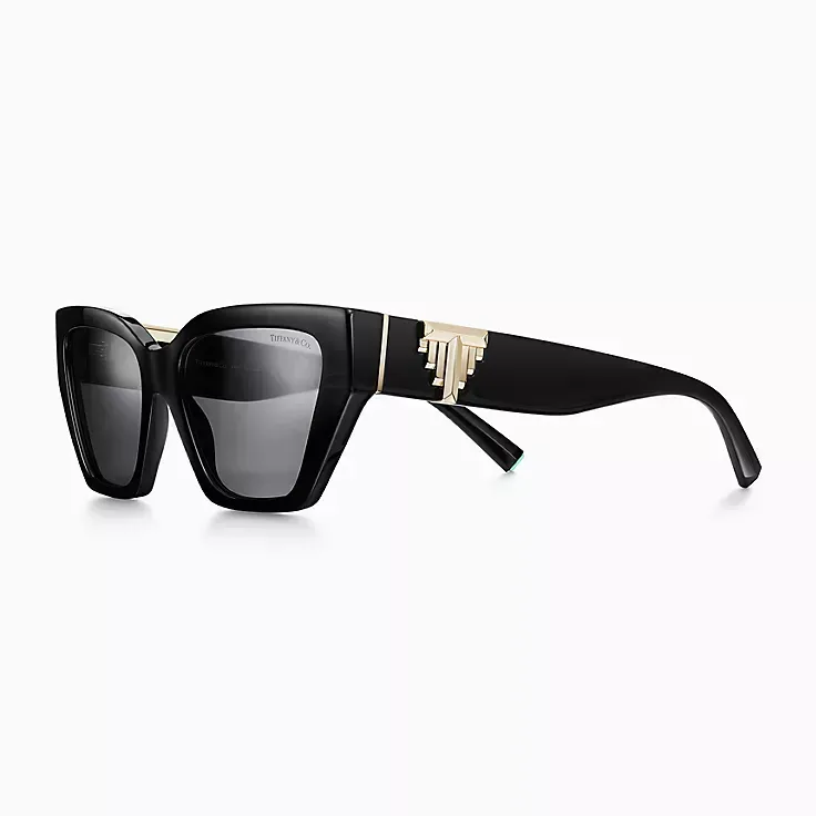 A pair of black sunglasses on a white background.
