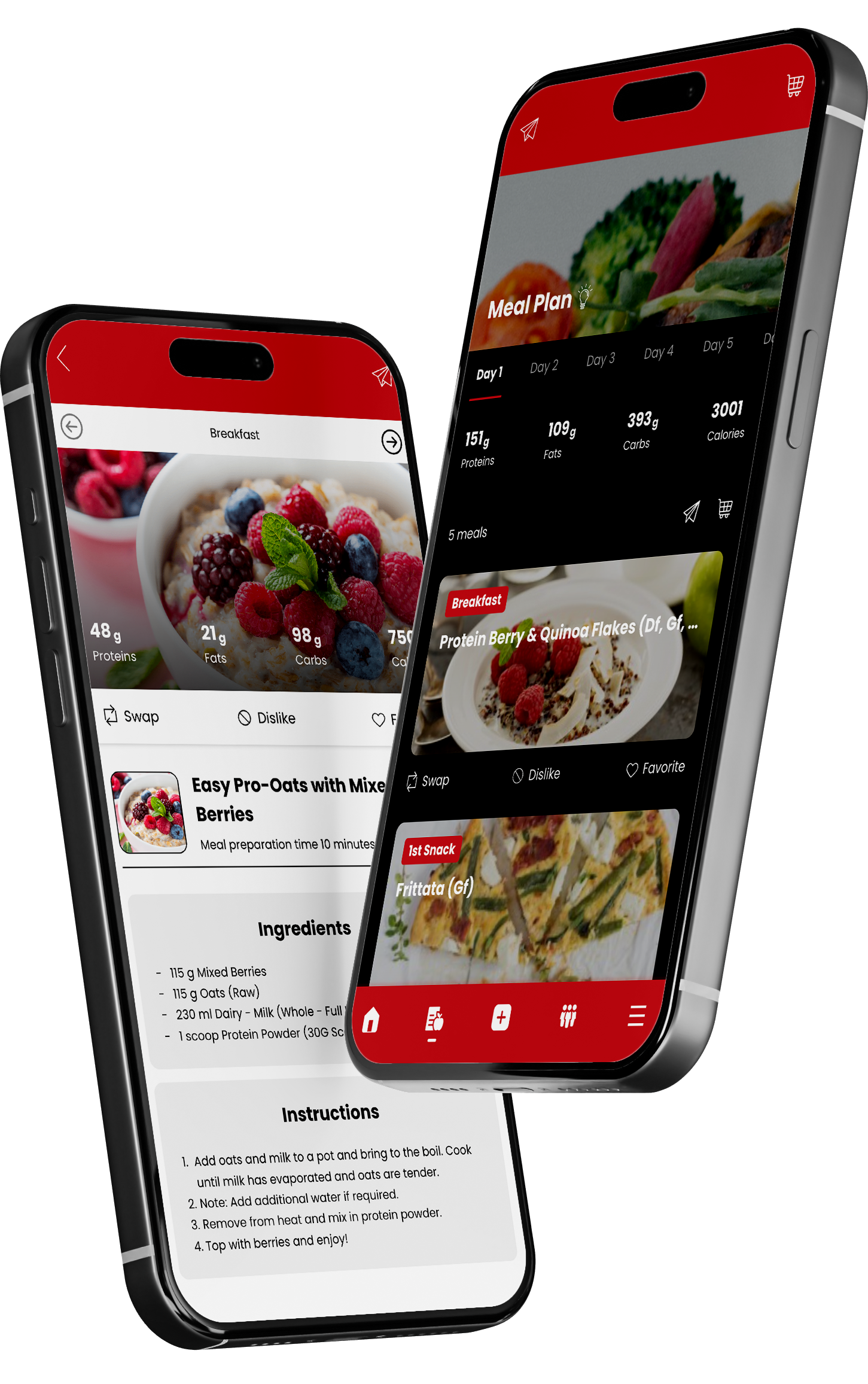 Two phones are displaying different types of food on their screens. TBW FITNESS - THE BASICS WORK - NUTRITION AND MEAL PLANS
