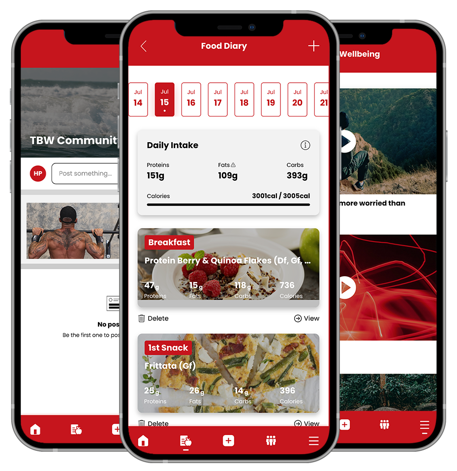 Three cell phones are displaying a food diary app. TBW FITNESS - THE BASICS WORK - NUTRITION AND MEAL PLANS