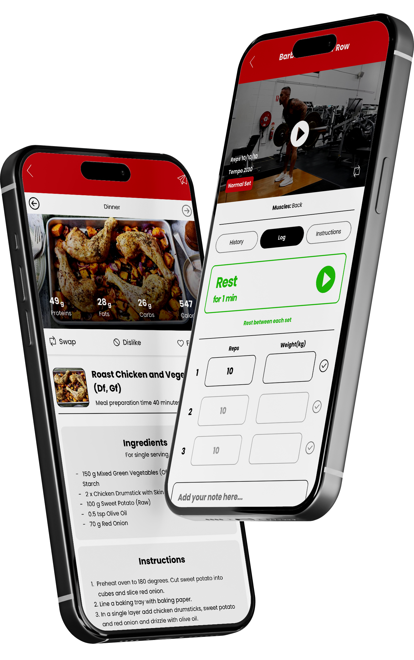 Two smartphones displaying a fitness app with workout and meal plans, in a pink color scheme.