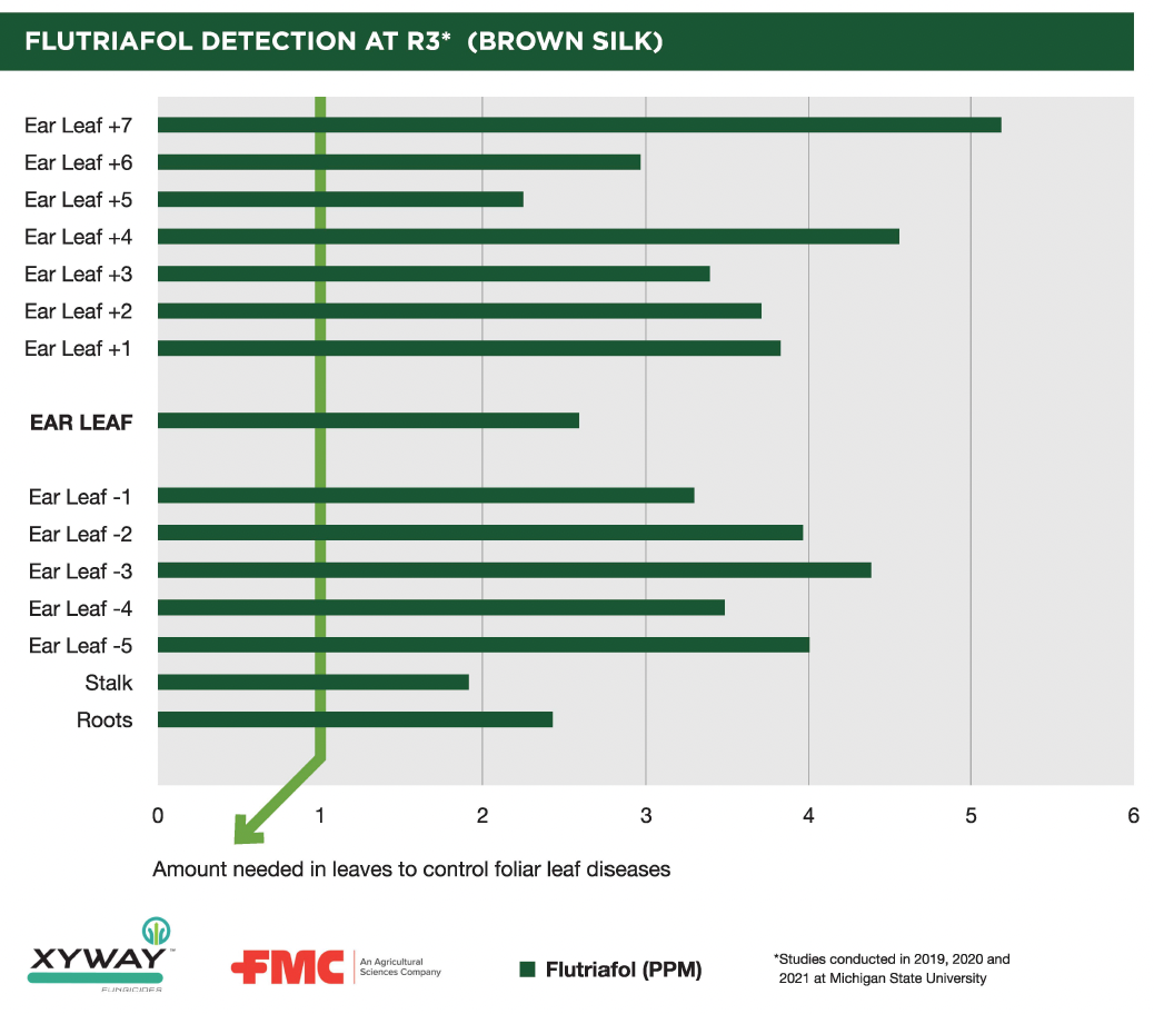 Bar graph showing flutriafol detection in corn at brown silk stage.