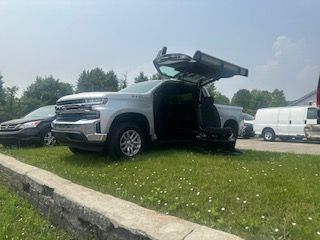 Silver pickup truck with a modified door opening upwards, parked on grass.