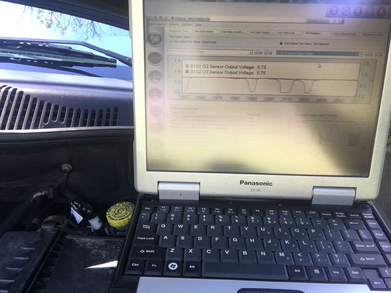 Laptop displaying sensor data in a vehicle's dashboard. A technician likely diagnosing car issues.