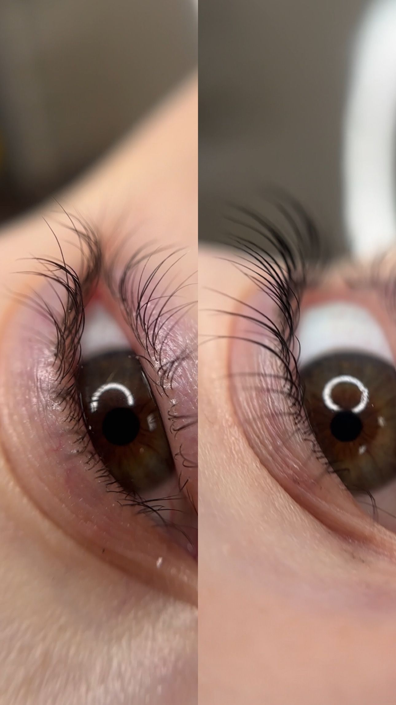 A close up of a person 's eye with lashes before and after a lash lift.