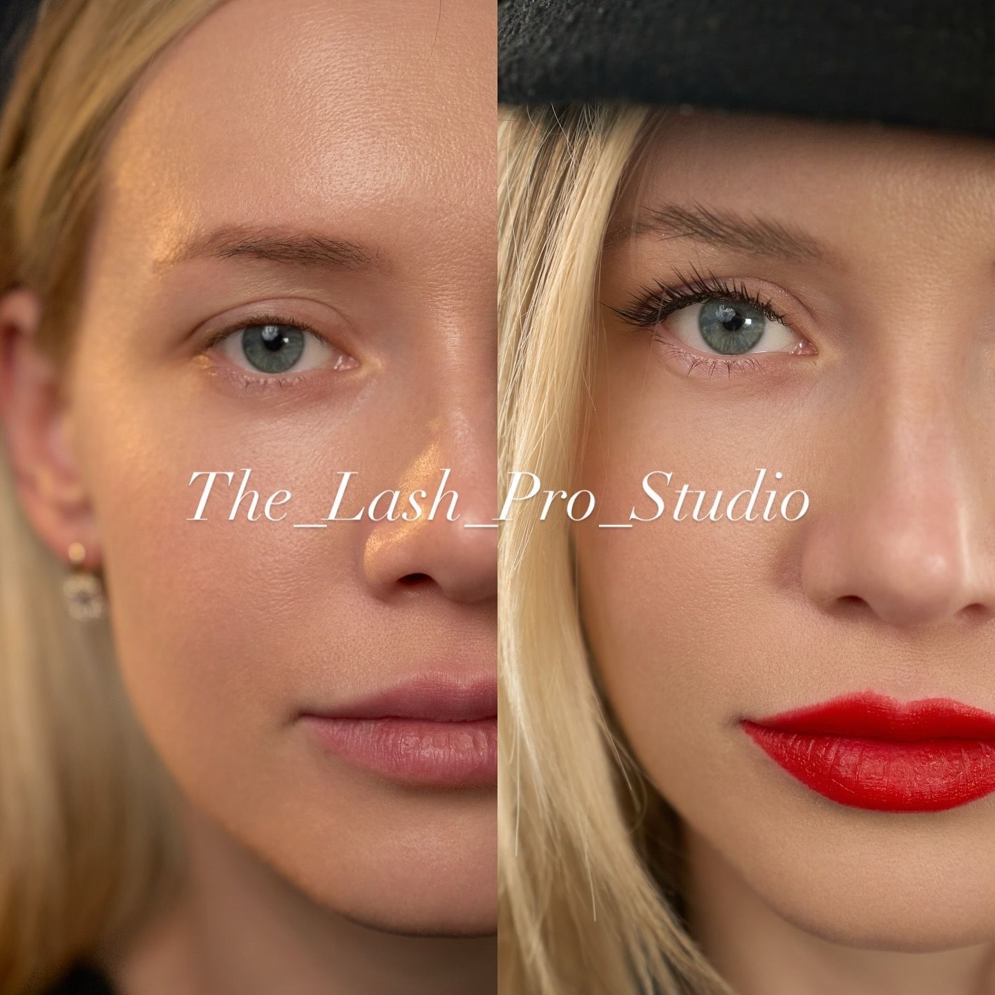 A before and after photo of a woman 's face from the lash pro studio