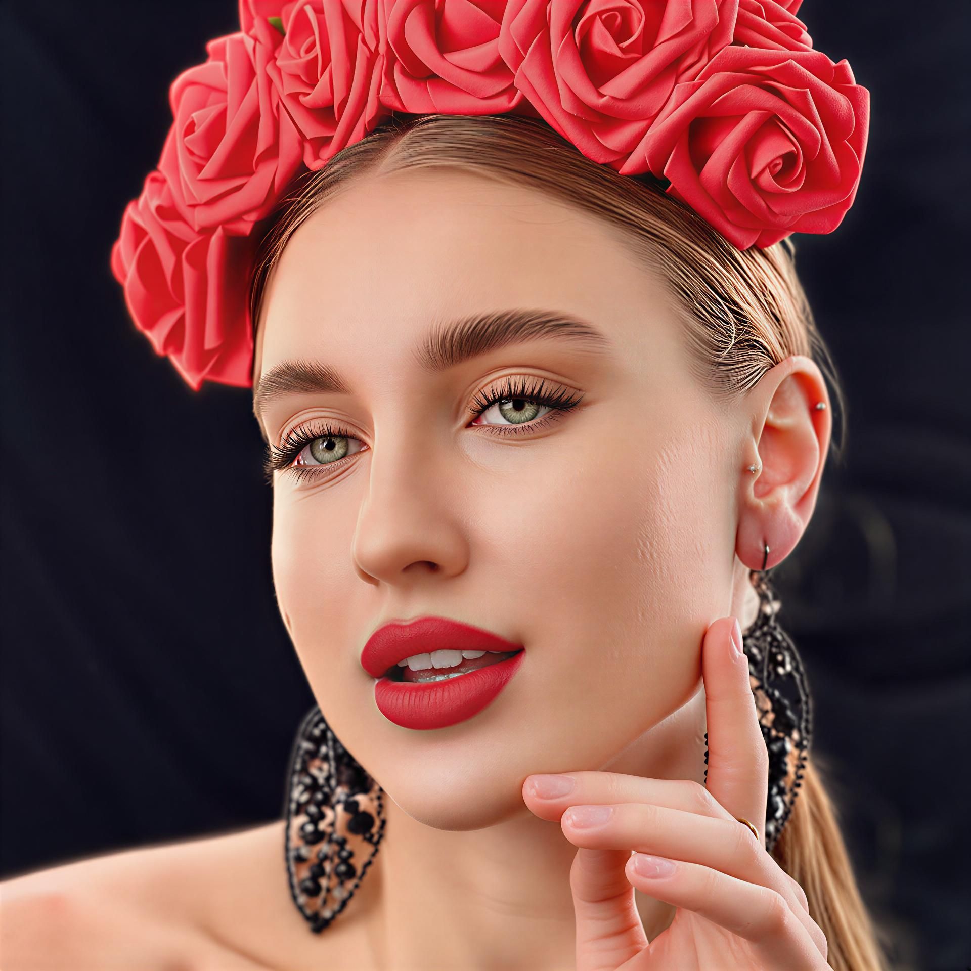 Woman wearing a red rose headband, dark lace earrings, and red lipstick, looking at the camera.