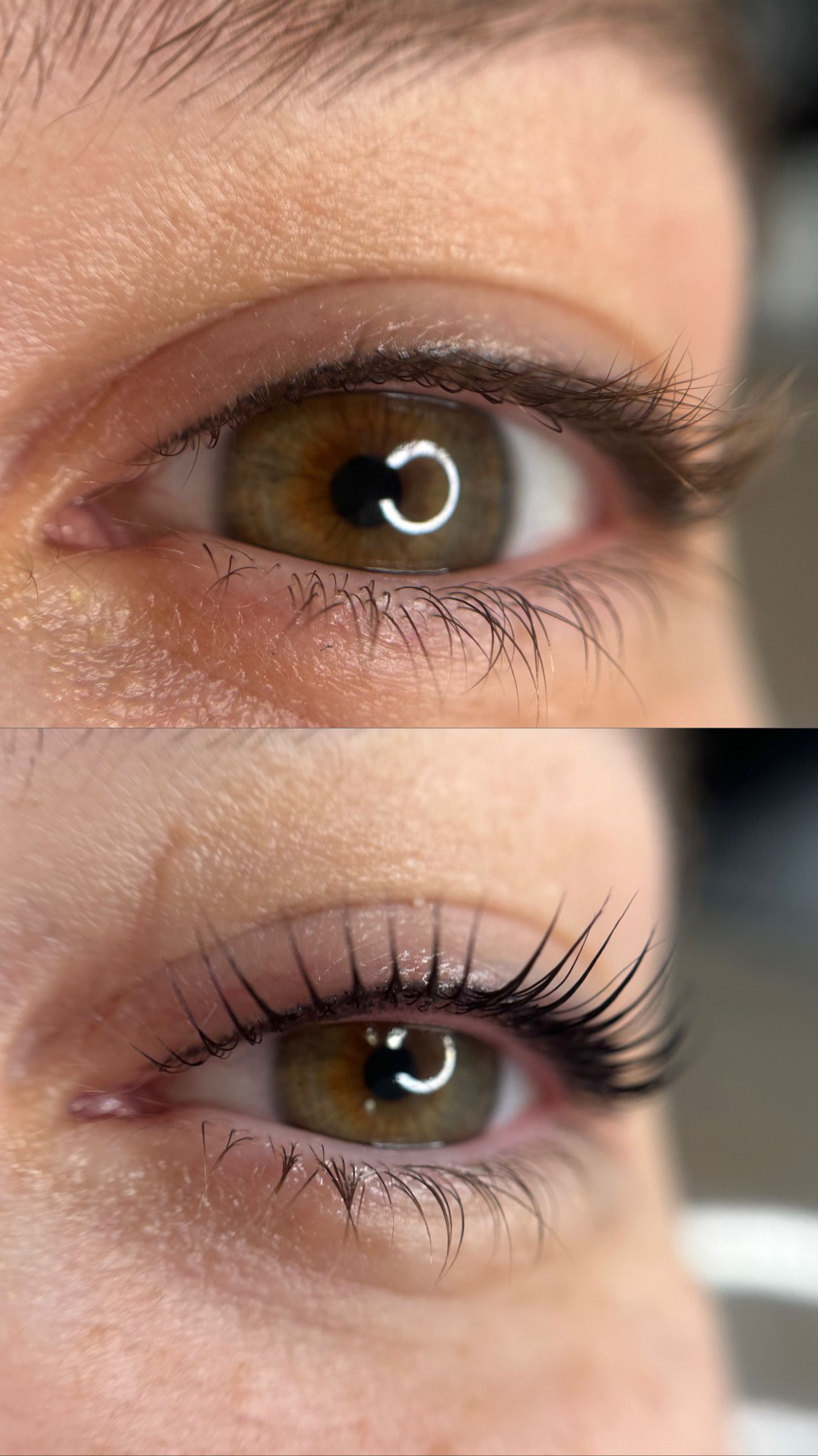 A before and after photo of a woman 's eye with lashes.