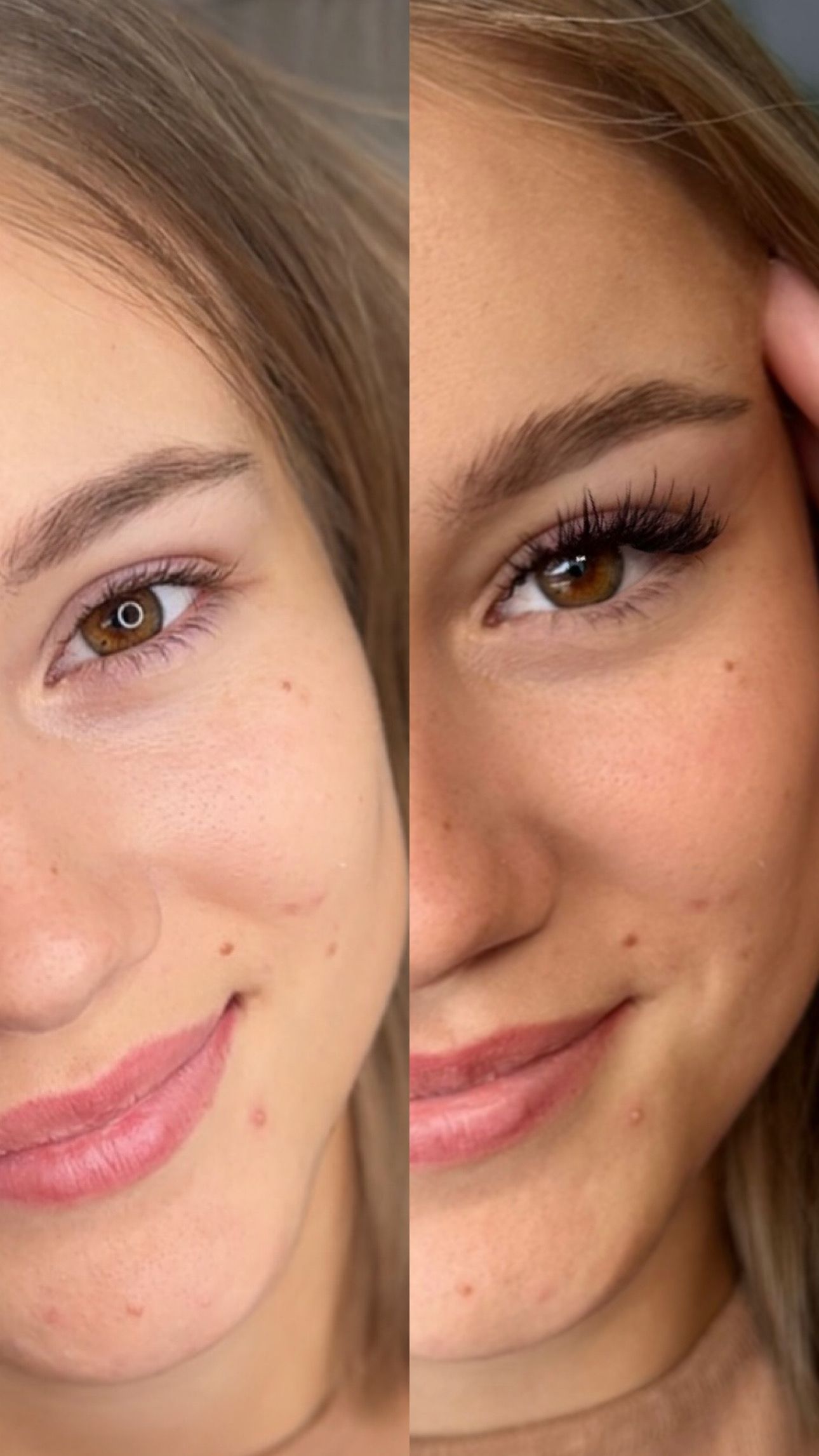 A before and after picture of a woman 's face with and without makeup.