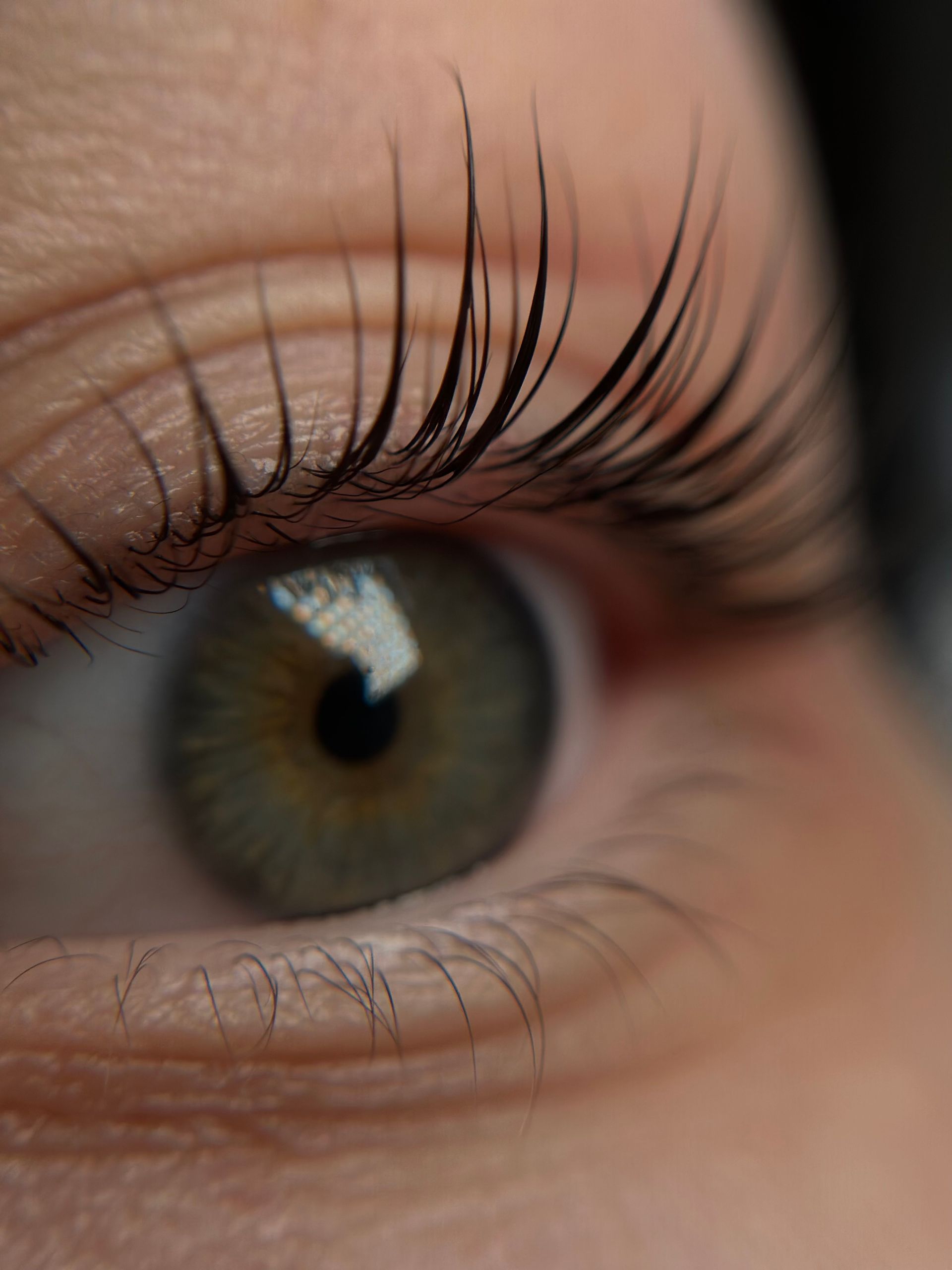 A close up of a woman 's eye with long eyelashes