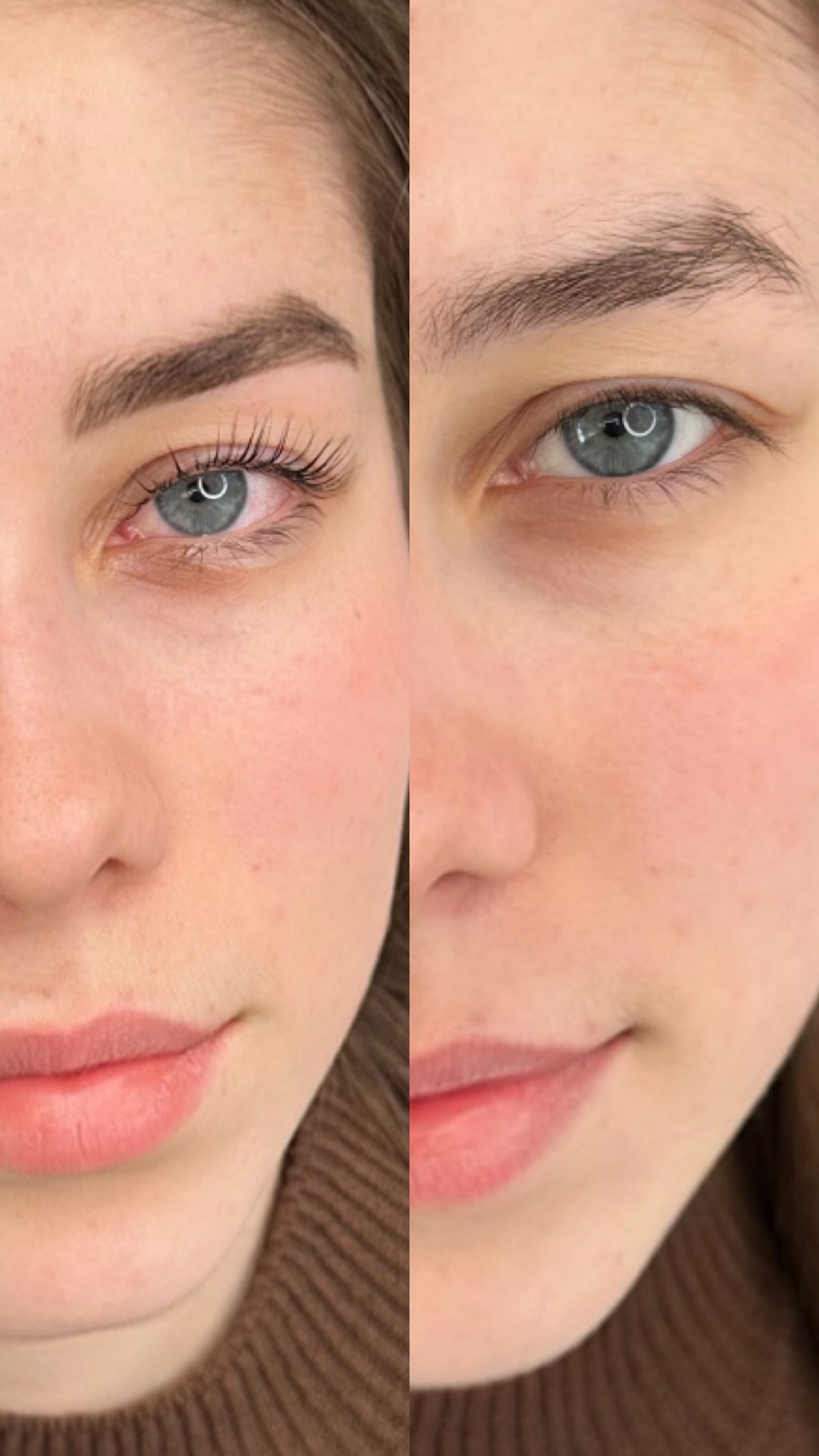 A before and after photo of a woman 's face with and without makeup.