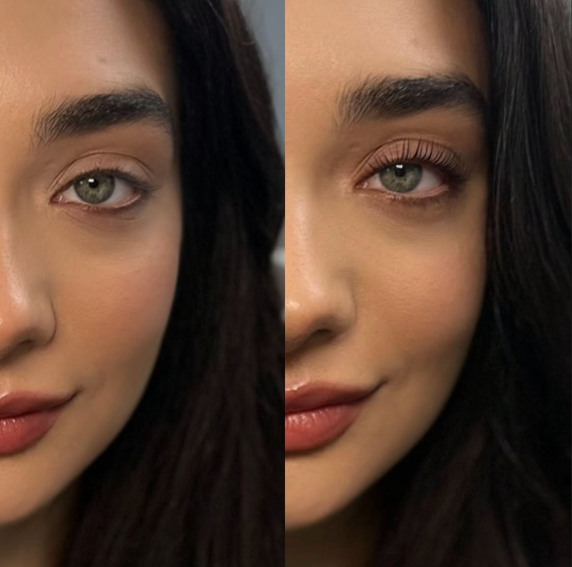 A woman 's face is shown before and after makeup