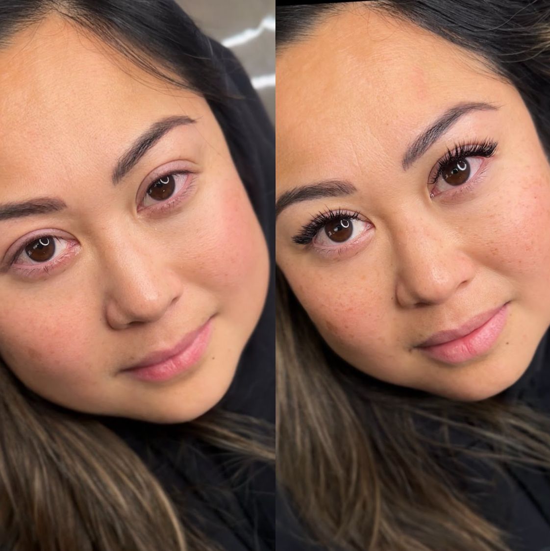 A close up of a woman 's face before and after makeup