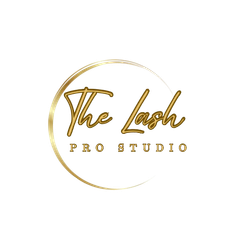 The logo for the lash pro studio is a gold circle with the words `` the lash pro studio '' written inside of it.