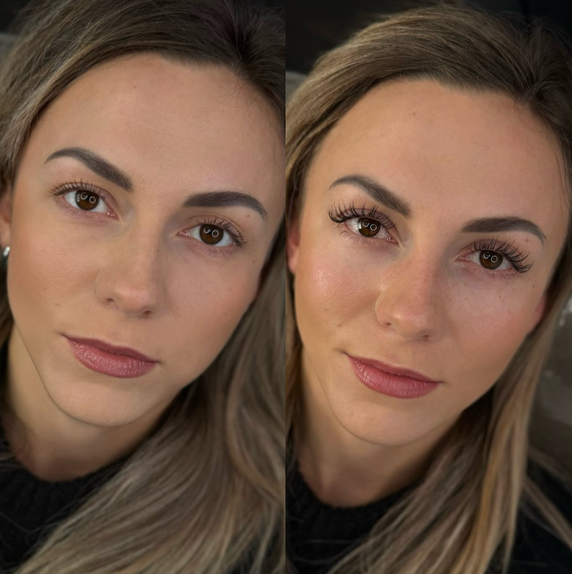A woman 's face is shown before and after makeup