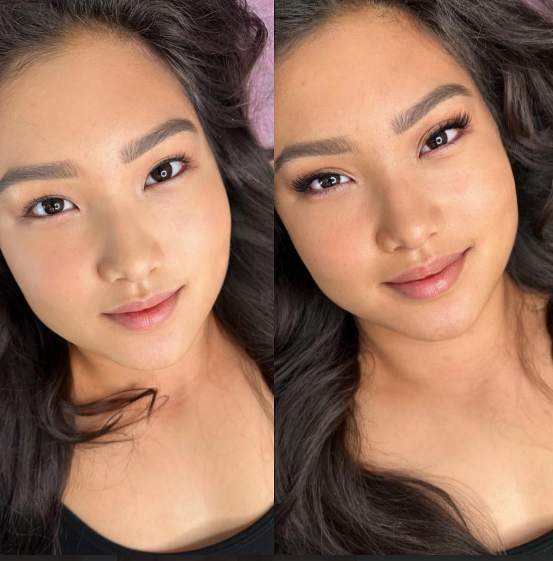 A close up of a woman 's face with a black shirt on