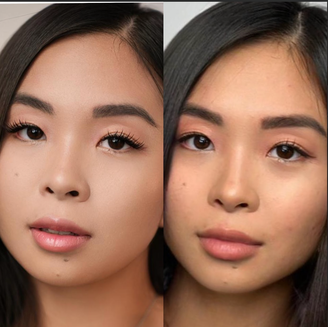 A before and after picture of a woman 's face