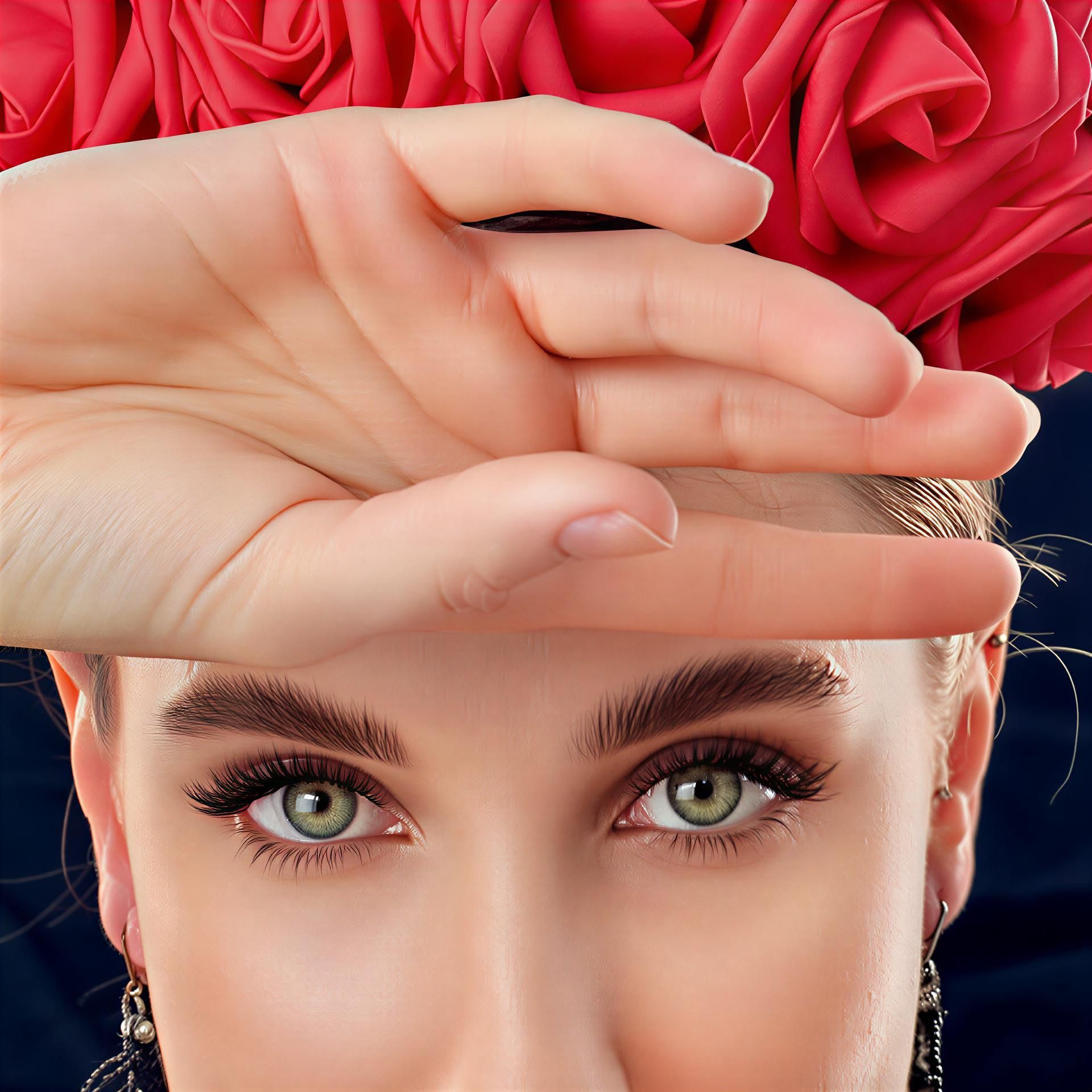 Woman with green eyes, hand shielding forehead, wearing floral headpiece.