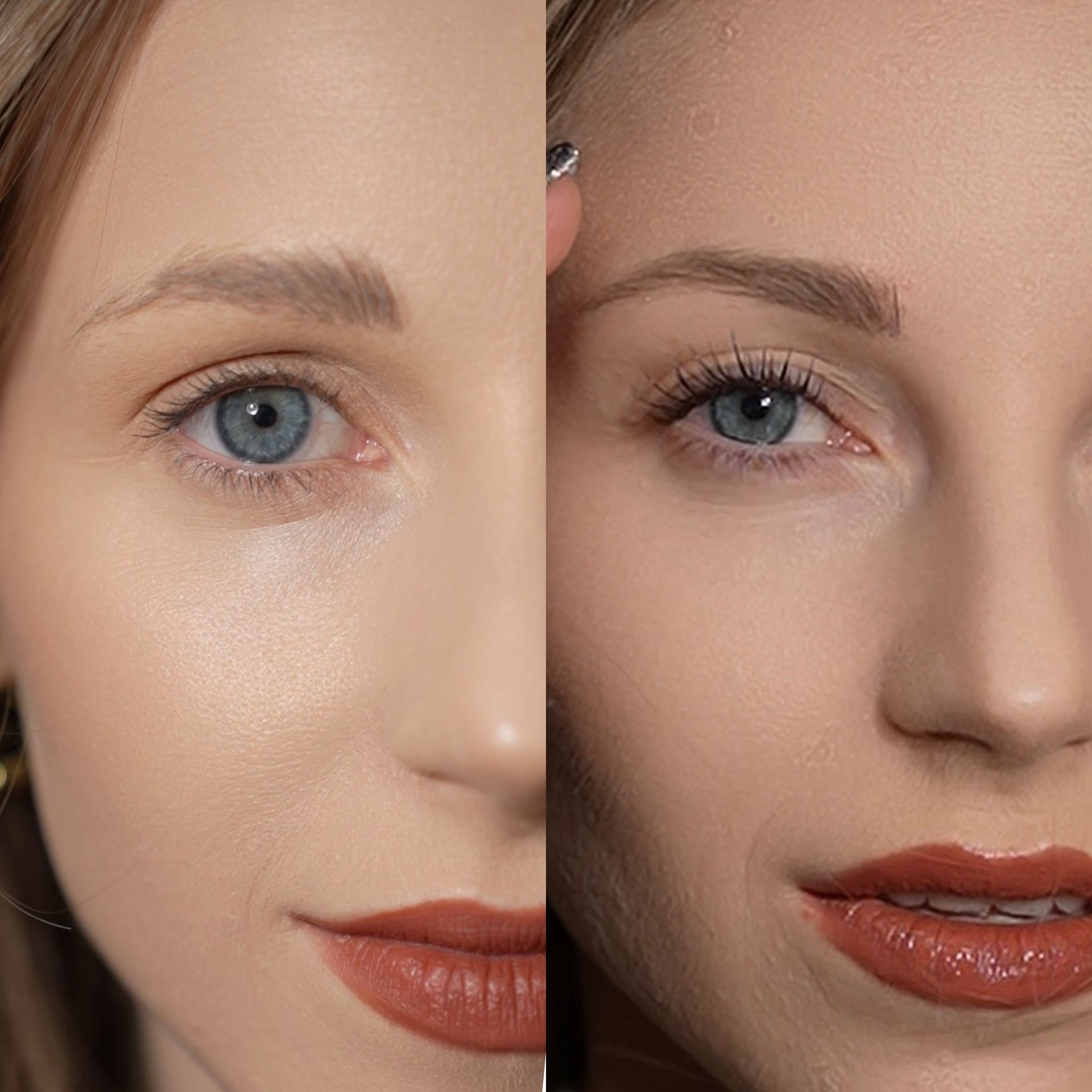 A woman 's face is shown before and after applying makeup.