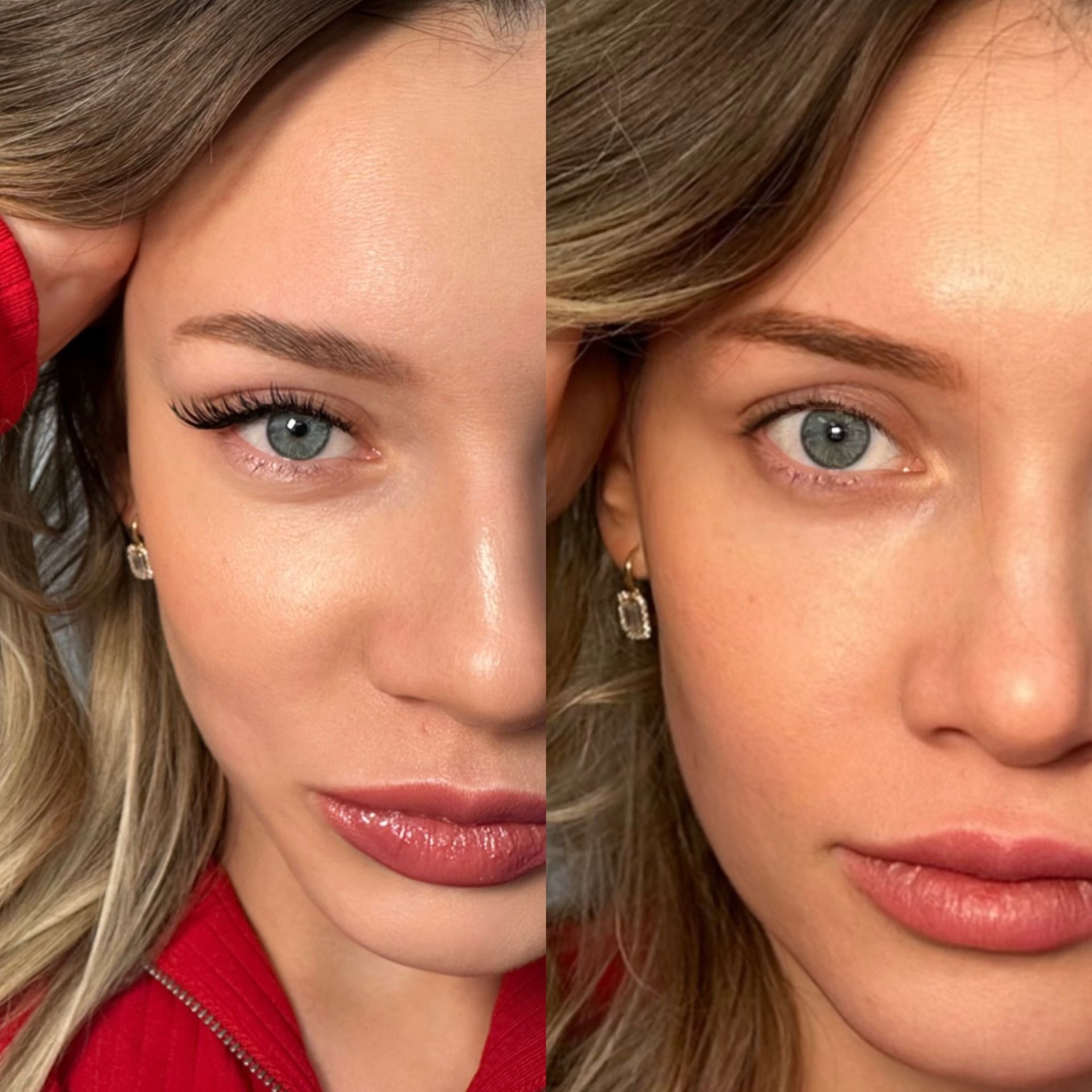 Two close ups of a woman 's face with one wearing earrings