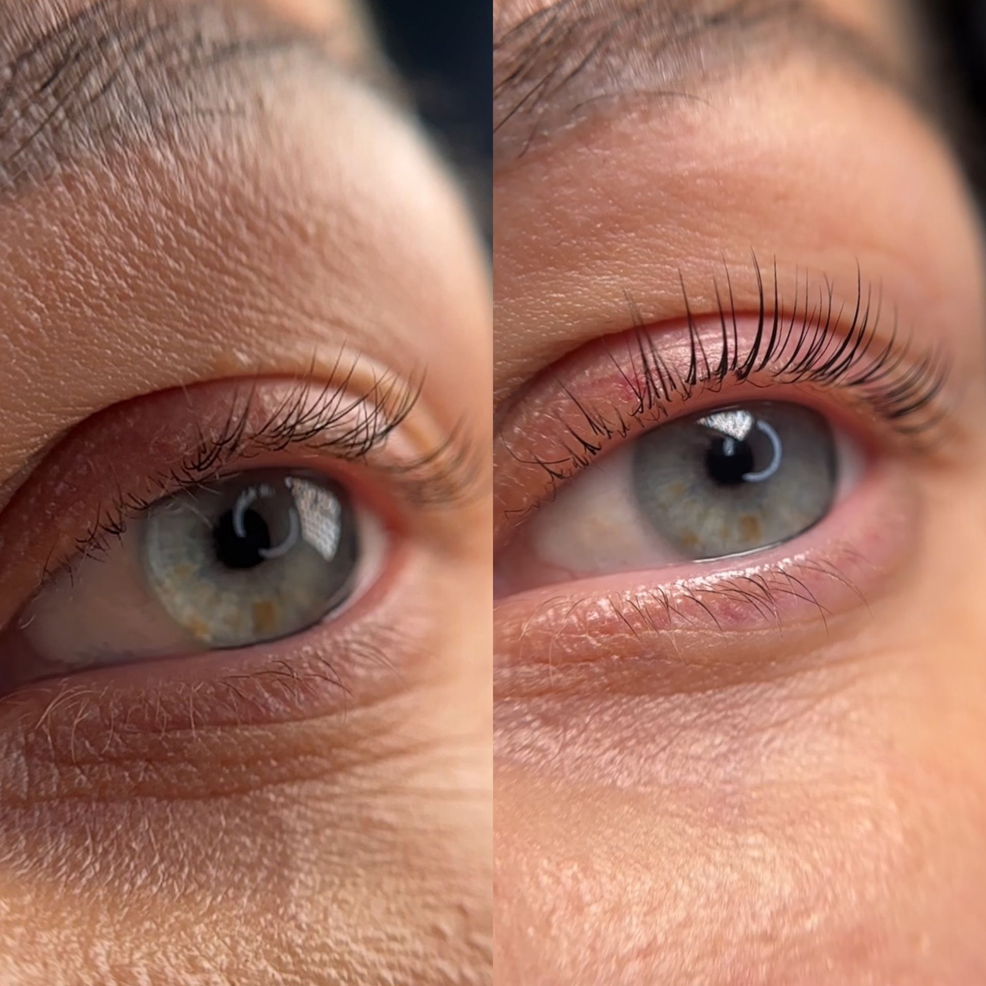 A before and after picture of a woman 's eye with lashes.